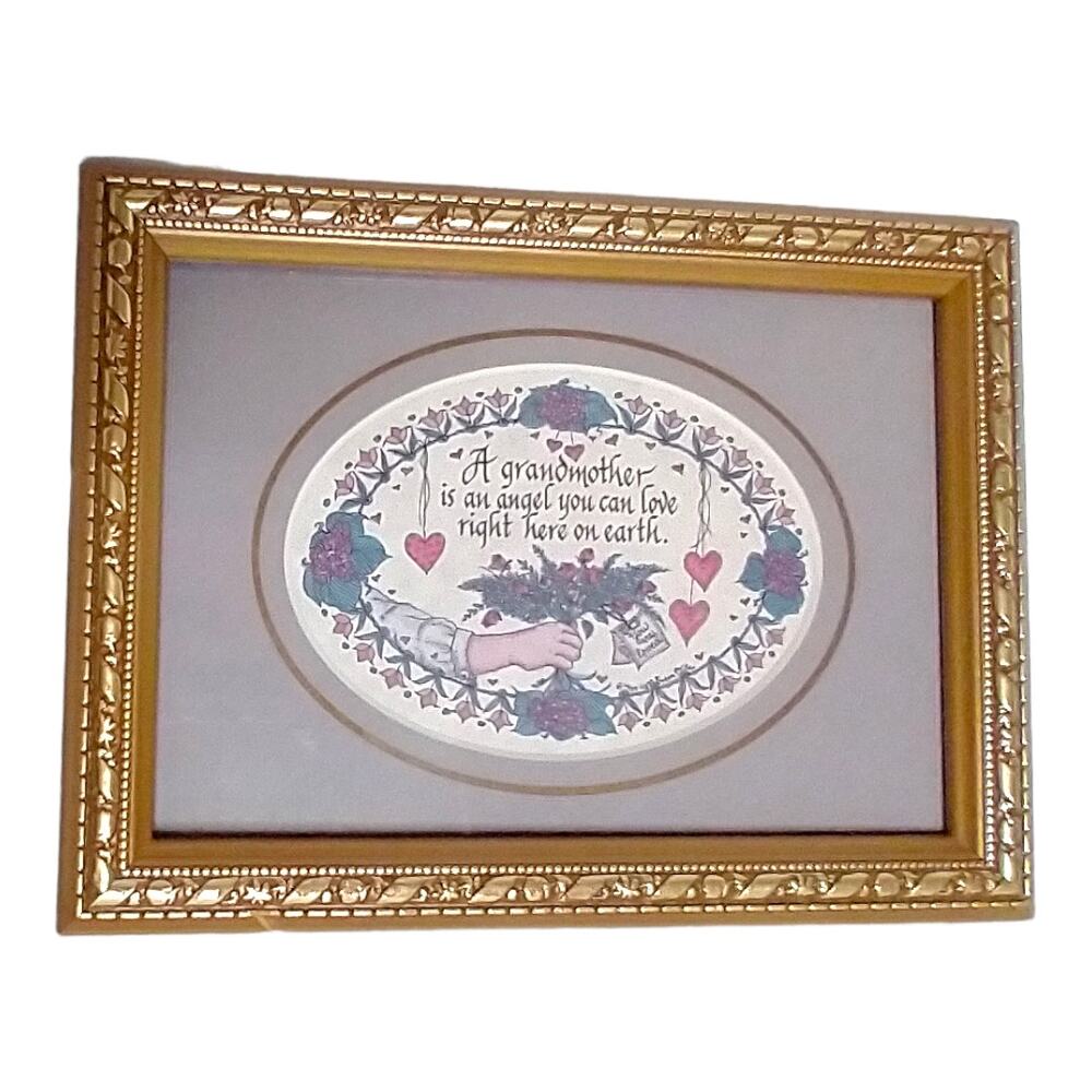 90's Vintage Grandmother Angel Framed Print with Flowers and hearts Signed 4x6